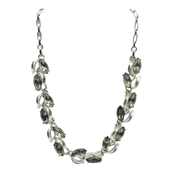 Silver Toned Floral Leaf Gray Rhinestone Adjustable Choker Necklace Vintage - Picture 1 of 7